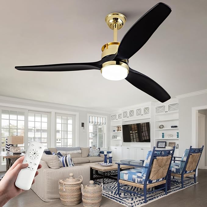 BOJUE 52 Inch Black Gold Ceiling Fans with Lights and Remote, Reversible Quite DC Motor,6 Speeds with Memory Program,Modern Farmhouse Wood Ceiling Fan with Light for Living Room Patio