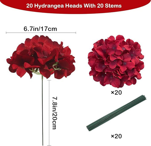 20 Pcs Dark Red Hydrangea Artificial Flowers Bulk, Faux Hydrangea Flowers Heads, Artificial Fake Silk Hydrangea Flowers with Stems, Red Flowers Artificial for Decoration Wedding Décor