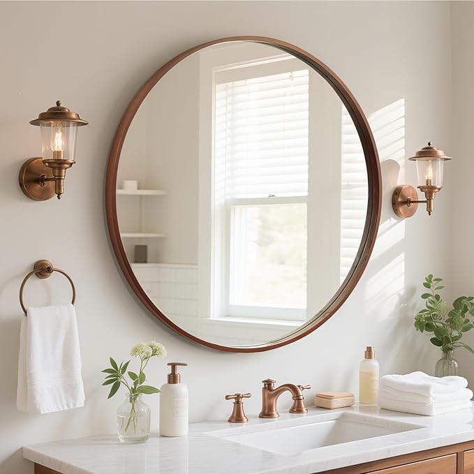 WallBeyond Round Wood Mirror, 32" Round Modern Decoration Large Circle Wall Mirror for Bathroom Living Room Bedroom Entryway, Walnut