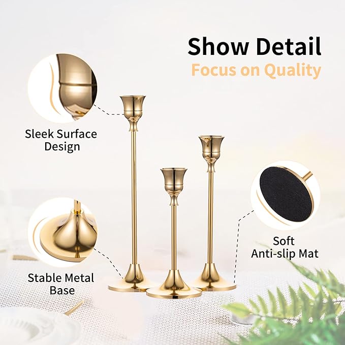 Nuptio Candlestick Holders Taper Candle Holder 10 Sets(30 Pcs) Gold Candle Sticks Holder Metal Candle Holders for Tapered Candles Table Centerpiece for Wedding Candlelight Dinner Birthday Decor
