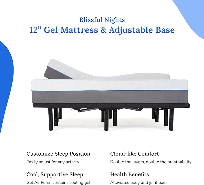 Blissful Nights e3 Split Cal King Adjustable Bed Base Frame with 12" Plush Gel Infused Memory Foam Mattress