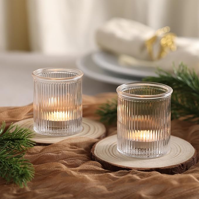 8Pcs Ribbed Votive Candle Holders, Tea Light Candle Holder Glass, Clear Candle Holders for Wedding Table Decor, Home and Holiday Decor