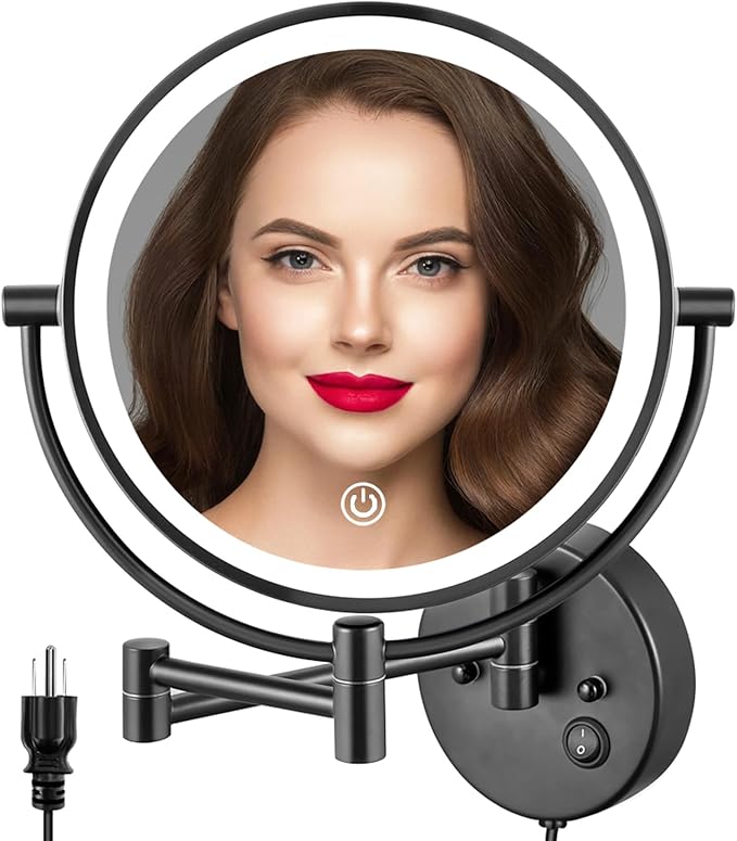 ALHAKIN 9" Wall Mounted Lighted Makeup Mirror, Large Rechargeable 1X/10X Magnifying Mirror with 3 Color Lights Dimmable, 360° Rotation, Nickel