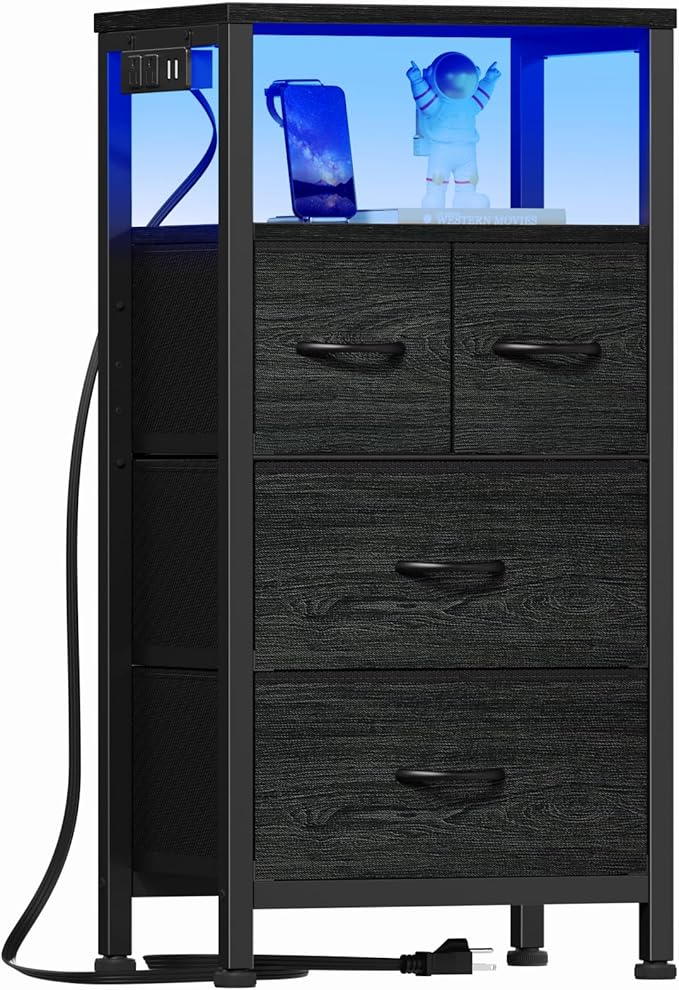 Furnulem Tall Night Stand with Charging Station and Led Light, Small Dresser with Open Shelf and 4 Storage Drawers, Black Side Table Fabric Nightstand for Bedroom, Entryway, Bedside Furniture