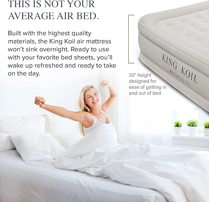 King Koil Luxury Built-in Pillow Top Queen Air Mattress with Built-in High-Speed Pump Best for Home, Camping, Guests, 20" Queen Size Double High Airbed, Blow Up Mattress, Waterproof, 1-Year Warranty