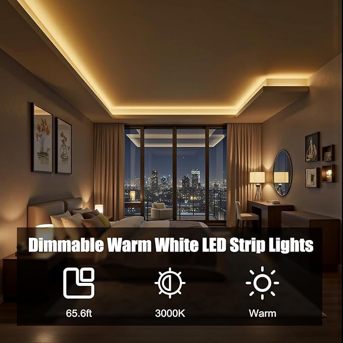 MYPLUS Under Cabinet Lighting Kit, 65.6Ft Dimmable Led Strip Lights with 1200 LEDs,24V, Low Power Safety Adapter, Flexible Tape Light for Kitchen Cabinet,Bedroom,Counter,Shelf (Warm White-3000k)