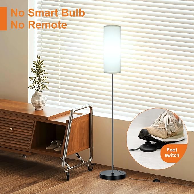 FRIDEKO HOME Floor Lamp with White Shade, Simple Design with Foot Pedal Switch, Small Tall Lamps for Living Room Bedroom Office, Corner Floor Stand Light with Black Pole Lamp (No Bulb/No Remote)