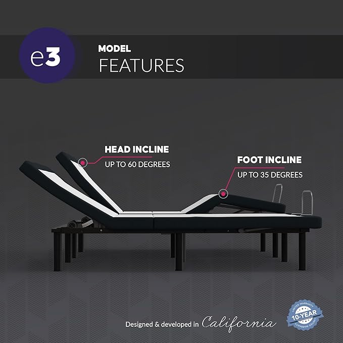 Blissful Nights Queen e3 Adjustable Bed Frame - Customizable Comfort with Wireless Remote Control, Head and Foot Incline, Easy Assembly, and 10 Year Warranty