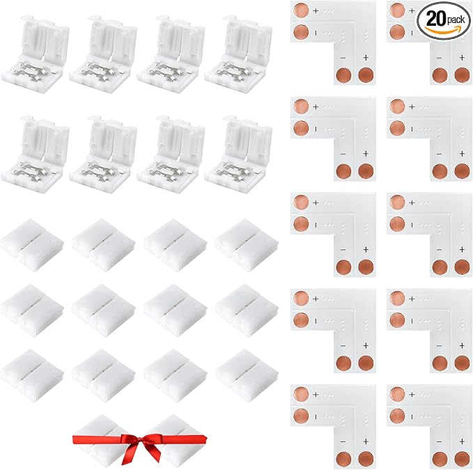 JACKYLED 10mm 2-Pin LED Strip Connectors for LED Strip Lights, Total 22Pcs Corner Connectors Kit for Unwired Gapless Solderless Adapter Extension - 10mm 2pin 10 Pack