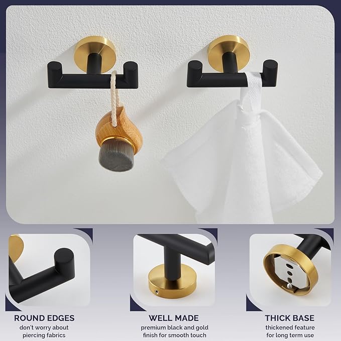Angle Simple Towel Double Hook Black & Gold, 2 PCS Stainless Steel Bathroom Towel Holder, Dual Robe Coat Hook for Wall