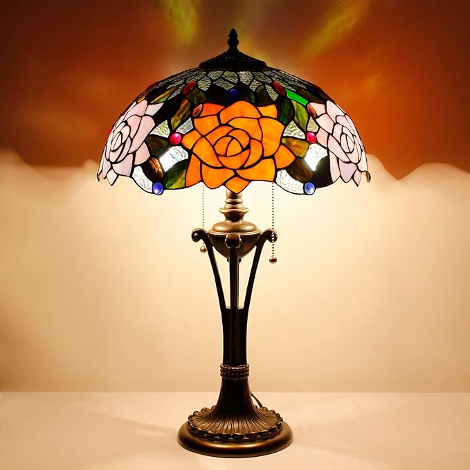 Tiffany Table Lamp Orange Purple Stained Glass Desk Lamp 16X16X24 Inches Rose Flower Style Reading Light