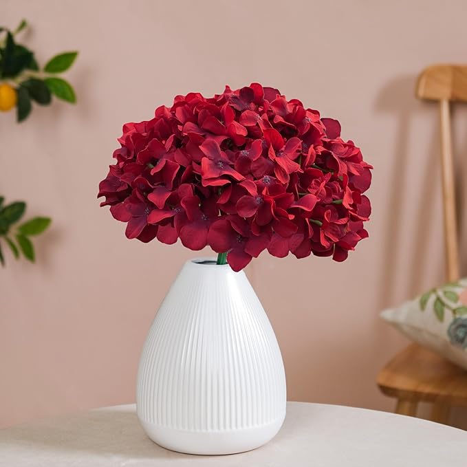 20 Pcs Dark Red Hydrangea Artificial Flowers Bulk, Faux Hydrangea Flowers Heads, Artificial Fake Silk Hydrangea Flowers with Stems, Red Flowers Artificial for Decoration Wedding Décor