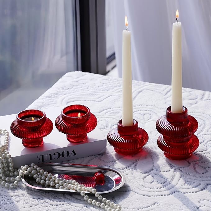 VOHO 12pcs Ribbed Taper Candle Holders for Table Centerpiece, Romantic Red Glass Candle Holder for Anniversary Wedding Decor, Double-Sided Red Tapered Candlestick Holders for Tealight & Taper Candles