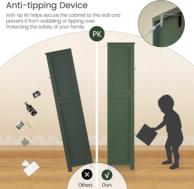 Iwell Tall Bathroom Storage Cabinet with 2 Doors & 1 Drawer, Narrow Storage Cabinet with Adjustable Shelves, for Living Room, Bathroom, Kitchen, Forest Green