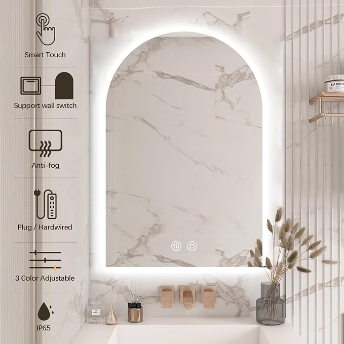 Niccy Arched LED Bathroom Mirror, 40x24 Inch Arch Frameless Backlit Mirrors for Wall Arched Lighted Vanity Mirrors Defogger and 3 Color, Explosion-Proof, HD Glass and IP65 Waterproof
