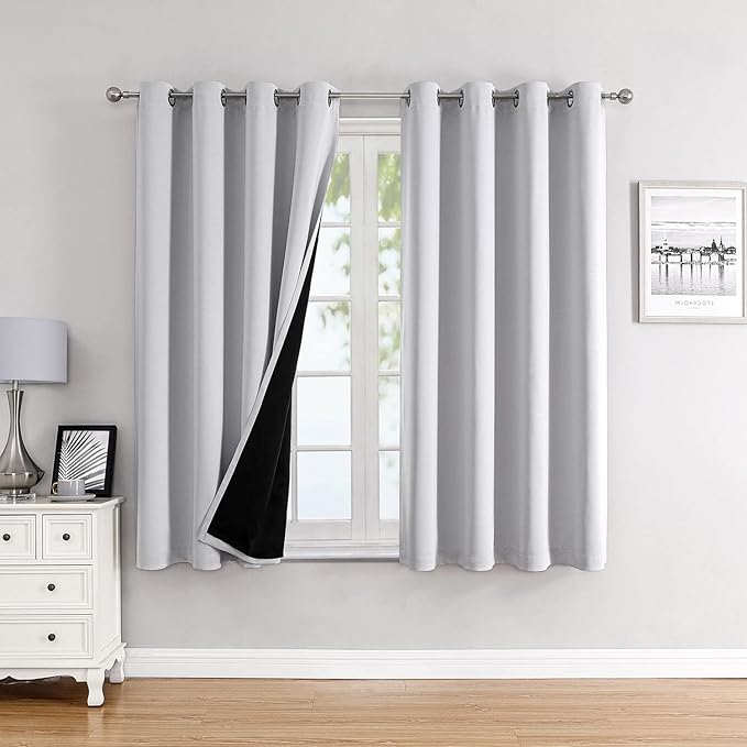 ChrisDowa 100% Blackout Curtains for Bedroom with Black Liner, 2 Thick Layers Total Blackout Thermal Insulated Grommet Window Curtains 2 Panels Set (Greyish White, 52 x 45 Inch)