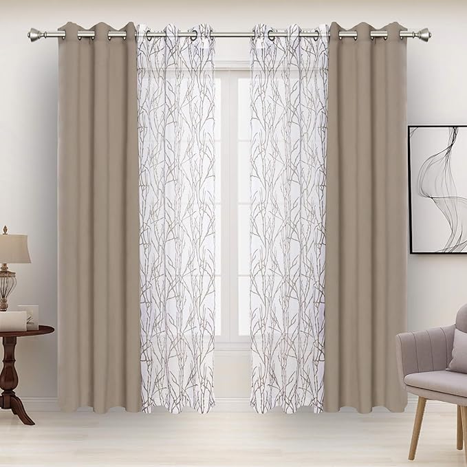 BONZER Mix and Match Curtains - 2 Pieces Branch Print Sheer Curtains and 2 Pieces Blackout Curtains for Bedroom Living Room Grommet Window Drapes, 37x84 Inch/Panel, Taupe, Set of 4 Panels