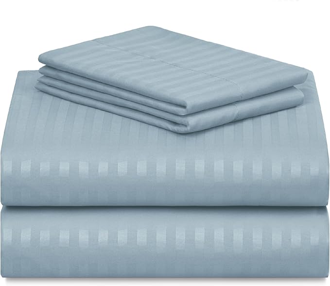 LuxClub Striped Sheets, 3 PC Striped Bed Sheets Twin Size, Deep Pockets Wrinkle Free-Kids-Fitted Sheets Machine Washable Hotel Bedding (Twin, Light Blue)