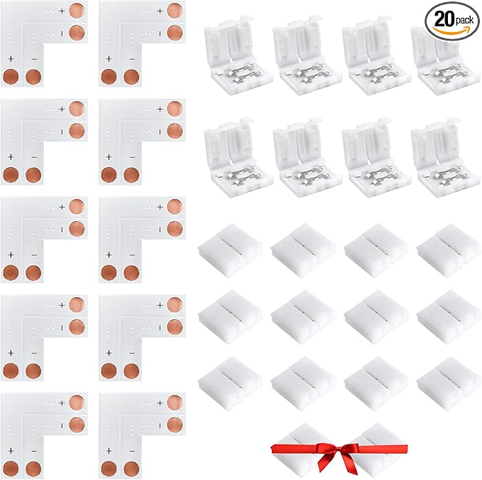 JACKYLED 8mm 2 Pin LED Strip Connectors Lights Connector, L Shape Gapless Solderless Connectors LED Adapter Light Extension Connectors for 8mm Wide Single Color Flex LED Strips - 8mm 2pin Total 22Pcs
