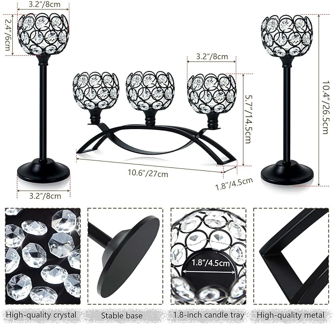 Crystal Tealight Candle Holder Centerpiece Home Decorative Candlestick Holder Elegant Table Centerpiece Home Decor Wedding Party Anniversary (Black, Set of 3)