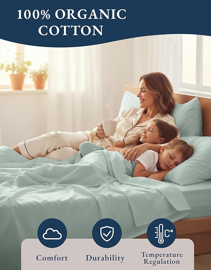 LANE LINEN 100% Organic Cotton Extra Long Twin Sheet & Pillowcase Sets, 15" Deep Pocket Fully Elasticized, Naturally Temperature Regulating Cotton Sheets Twin XL Bed Sheets- Cool Blue