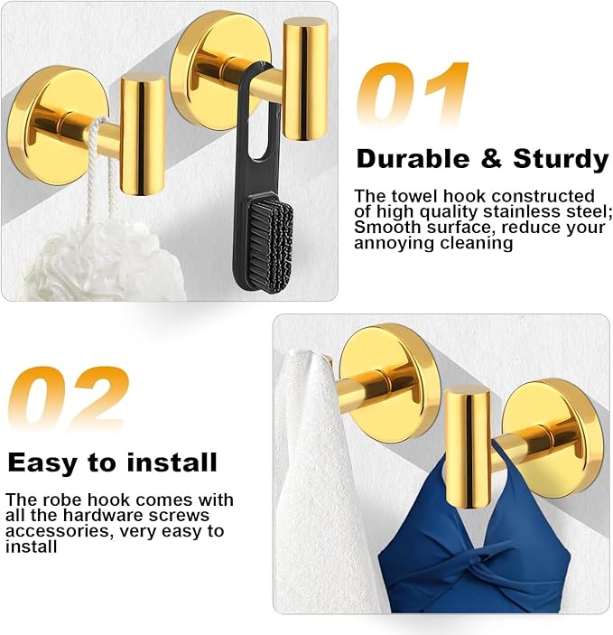 Bathroom Robe Towel Hooks Wall Hook Holder Heavy Duty Door Hanger Towel Robe Clothes Cabinet Closet Sponges Hook for Bathroom Bedroom Kitchen Hotel Pool 4 Packs(Bright Gold)