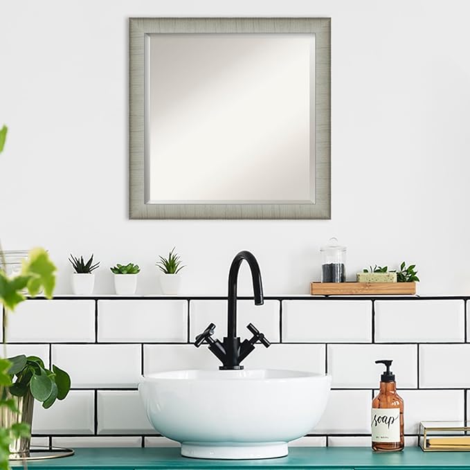 Amanti Art Silver Bathroom Mirror for Over Sink, 23x23 Elegant Brushed Pewter Narrow Square Vanity Mirror, Medium Casual Frame, Hangs Horizonally and Vertically, Bathroom Wall Decor, Beveled Edge