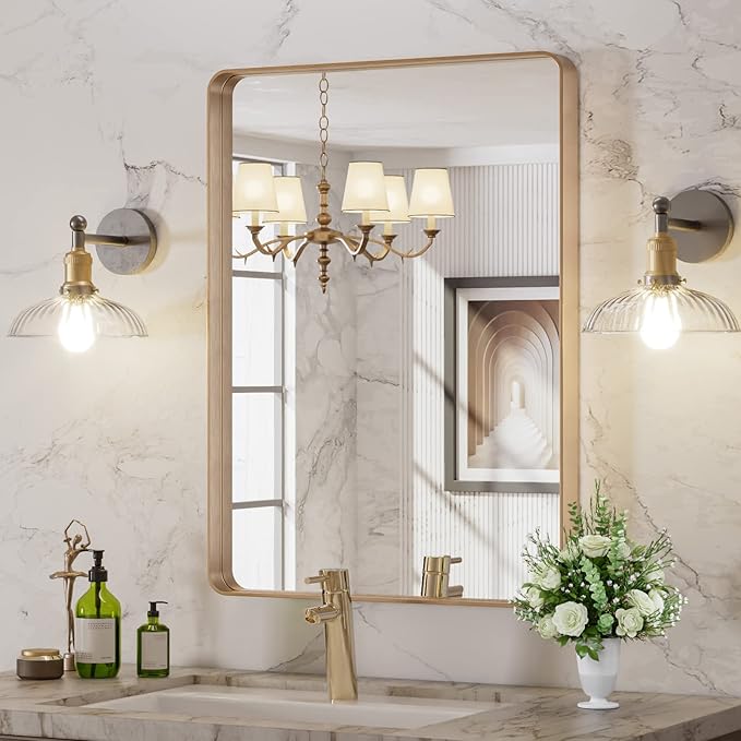 LOAAO 22”X30” Gold Bathroom Mirror, Rounded Rectangle Gold Frame Mirror, Brushed Gold Bathroom Vanity Mirror Wall-Mounted, Anti-Rust, Hangs Horizontally or Vertically