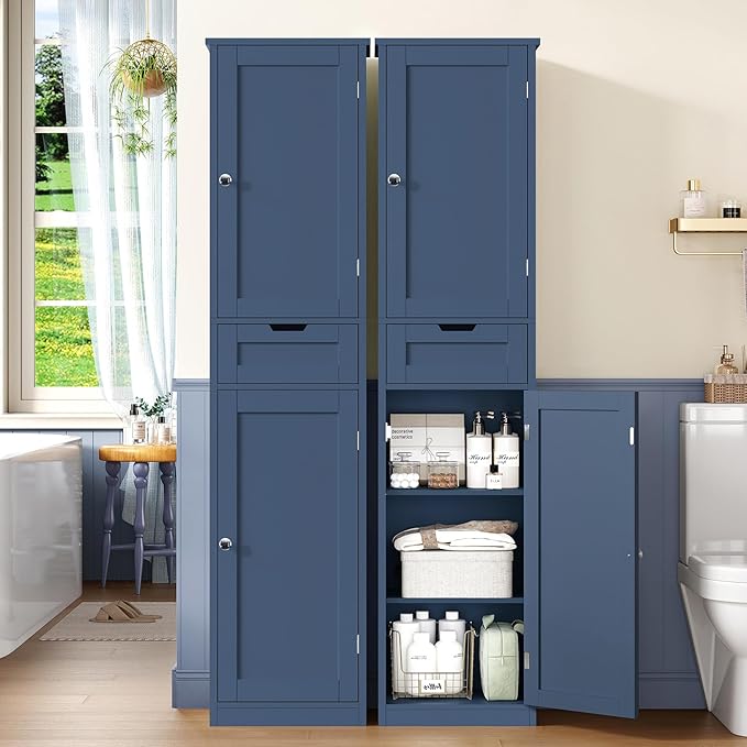 Iwell 67" Tall Bathroom Cabinet, Storage Cabinet with 2 Doors & 1 Drawer, Bathroom Storage Cabinets with Adjustable Shelves, for Living Room, Laundry Room, Home Office, Blue