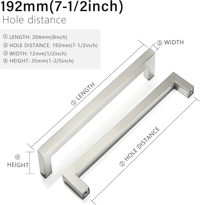 Cabinet Pulls Brushed Nickel Cabinet Handles Square Drawer Pulls, 10 Pack 7-1/2 Inch Stainless Steel Kitchen Door Cupboard Cabinet Handles, Cabinet Hardware Drawer Handles, 192mm Hole Centers
