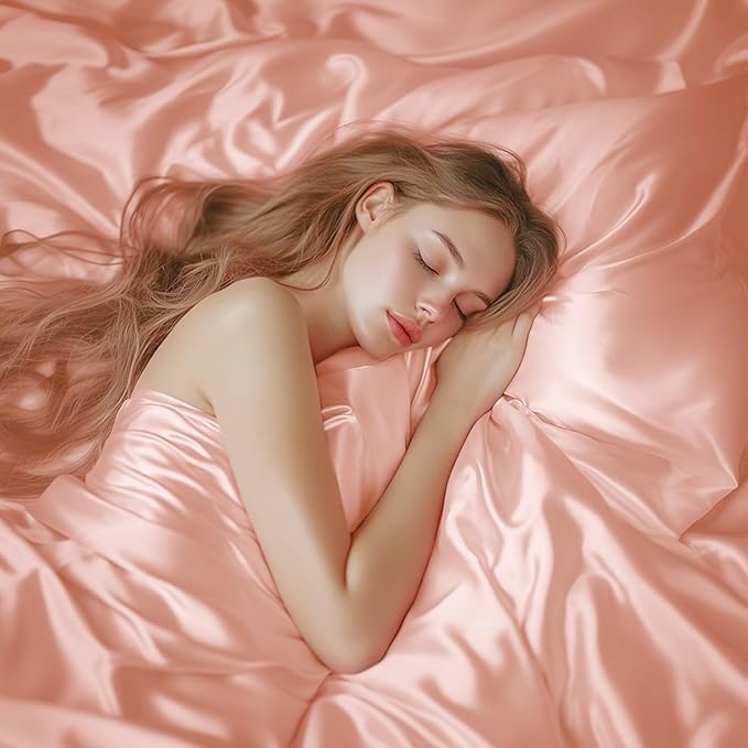 Love's cabin Satin King Sheet Sets - 4 Piece Coral Silky Sheets King Size Bed Set with Deep Pocket, Luxury Silk Feel King Size Satin Sheet Set (1 Flat Sheet,1 Fitted Sheet,2 Pillow Cases)