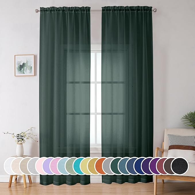 OWENIE Green Sheer Curtain 96 Inches Long 2 Panels Set for Christmas Decoration, Light Filtering Clear Sheer Curtain 95 for Bedroom/Living Room, 2Pcs, Each 42" W x 96" L