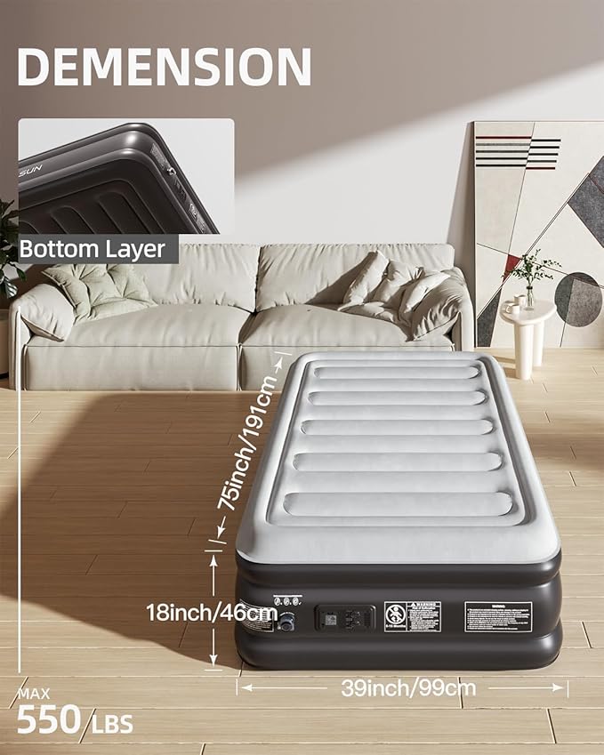 CHILLSUN 2025 Upgraded Twin Air Mattress with Built in Pump, 3 Mins Quick Self-Inflation Inflatable Airbed, Comfortable Top Surface Blow Up Mattress for Home Portable Camping Travel