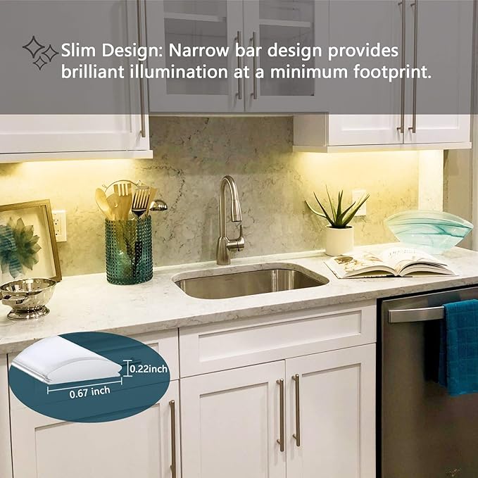 JUSJUBR Under Cabinet LED Sink Light - 12 Inch, Warm White 3000K Dimmable USB Light Bar with Memory Function, Slim Design for Room (No Plug)