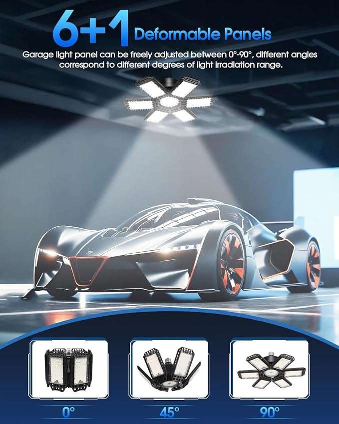 1 Pack Garage Light, 200W 20000LM 6500K LED Shop Lights, Garage Lights Ceiling Led with 6+1 Deformable Panels, Screw in E26/E27 Socket Bulb for Warehouse, Workshop, Basement, Barn Lighting