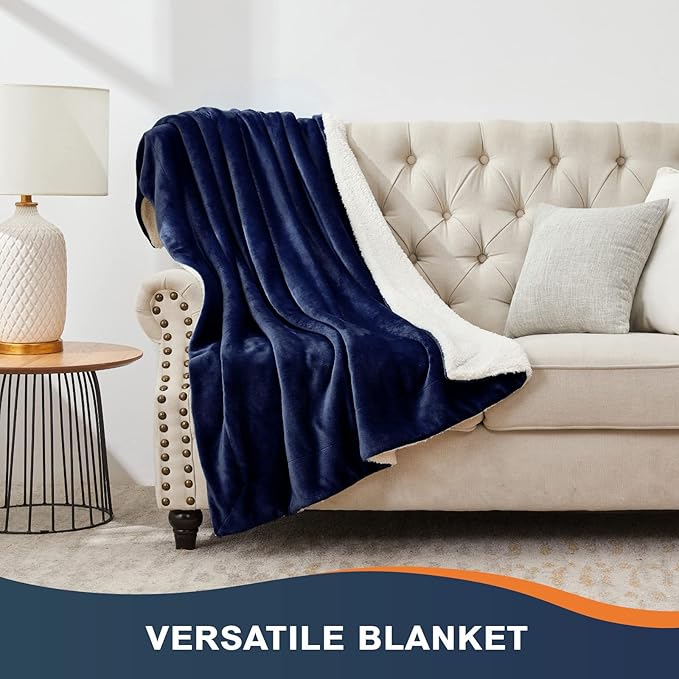 Walensee Sherpa Fleece Blanket (Throw Size 50”x60” Navy) Plush Throw Fuzzy Super Soft Reversible Microfiber Flannel Blankets for Couch, Bed, Sofa Ultra Luxurious Warm and Cozy for All Seasons
