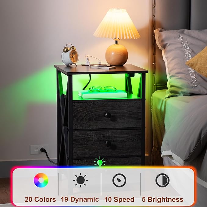 AMHANCIBLE Night Stand Set 2, LED Nightstand with Charging Station, End Side Tables with USB Port & Outlet, Bedside Table with Fabric Drawers for Bedroom Living Room, Dark Grey, HET053LDG