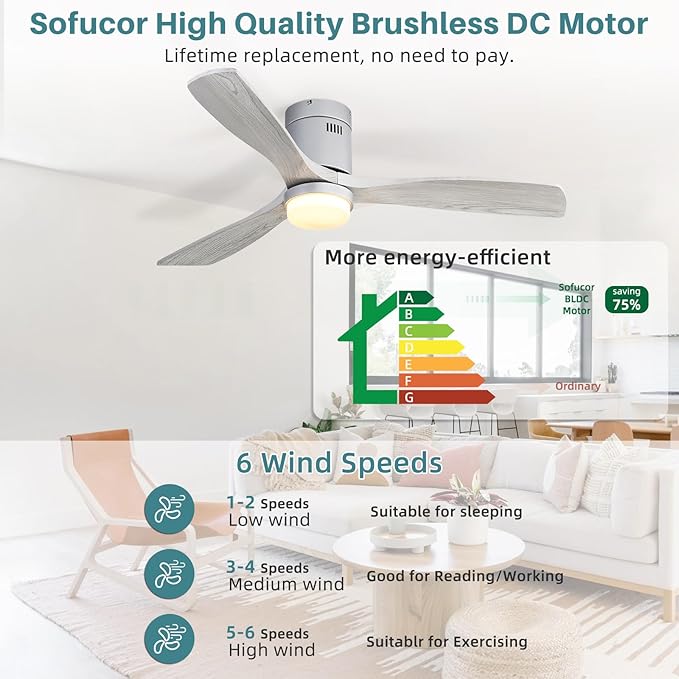 Sofucor Ceiling Fan with Lights 52 Inch Flush Mount Ceiling Fan with Remote Control, 3 Solid Wood Blades Modern Outdoor Ceiling Fans for Bedroom/Farmhouse/Patio/Indoor, Quiet DC Motor, Silver & Grey
