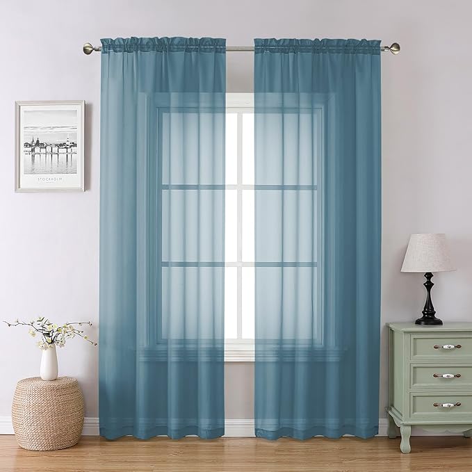 Chyhomenyc Stone Blue Sheer Curtains 84 Inch Length 2 Panels, Light Filtering Dusty Blue Window Curtain Treatment Drapes for Bedroom, Each 42Wx84L Inches