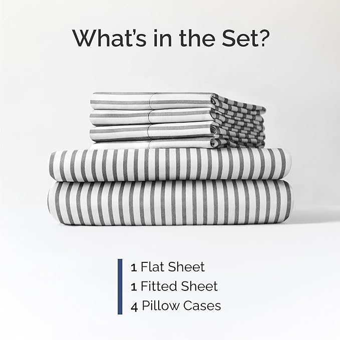 Queen 6 Piece Sheet Set - Comfy Breathable & Cooling - Soft Hotel Luxury Bedding Set with 8-16 Inch Deep Pockets - 1 Flat & 1 Fitted Sheet & 4 Pillowcases - Wrinkle Free & Easy Care - Grey Stripes 2
