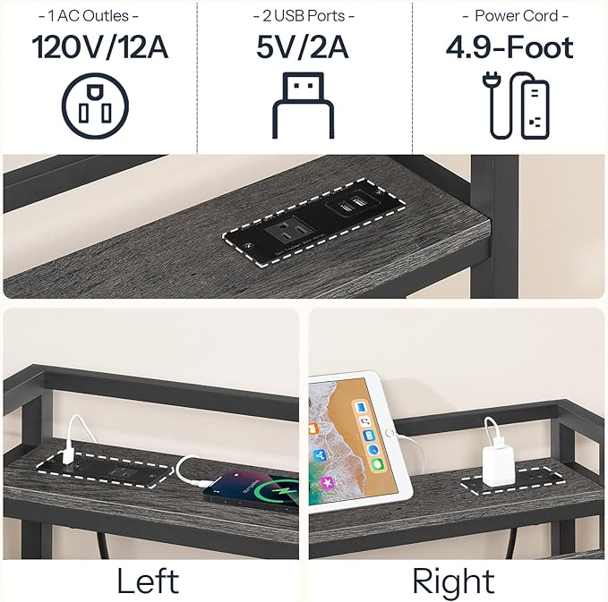 HOOBRO Headboard Queen Size, Headboard with 2 Outlets and 4 USB Ports, Adjustable Height, Storage Rack, Sturdy and Stable, Easy Assembly, Charcoal Gray and Black