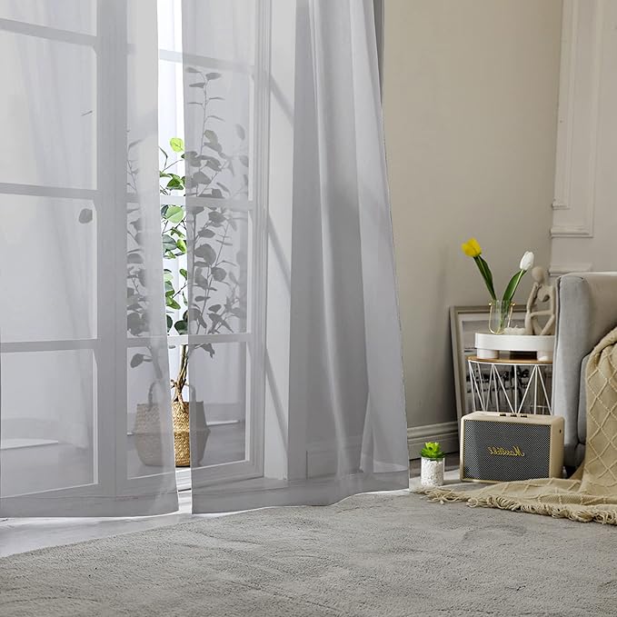 Aiyufeng 2 Pack: Basic Grey Sheer Curtain Drapes for Living Room 108 Inch Length 2 Panels, Light Filtering Voile Drapes for Bedroom, Patio, Sliding Door, Each 40" W x 108" L