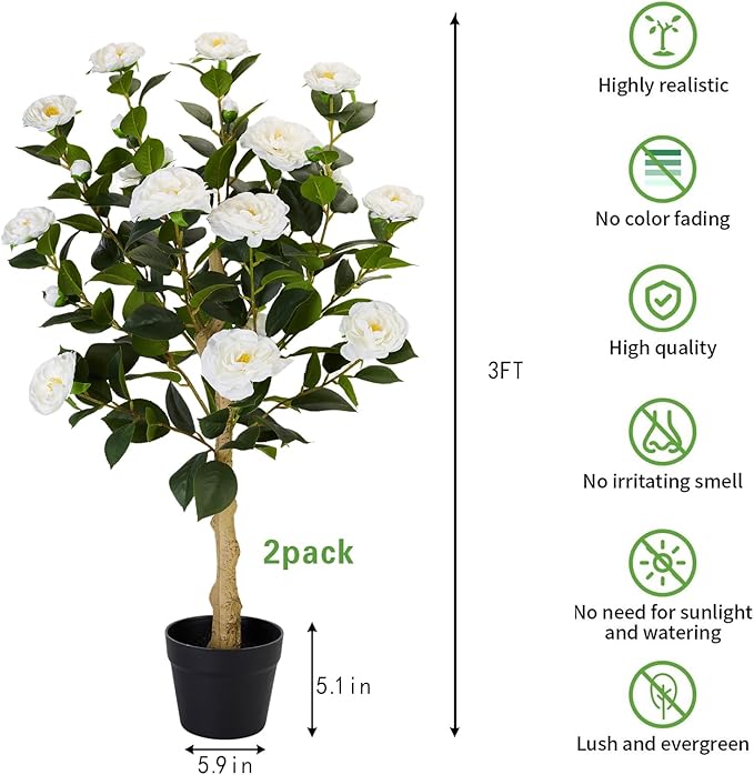 3FT Artificial Camellia Tree, 1 Pcs Fake Camellia Tree Artificial Tree, Faux Floral Plants in Cement Pot, Greenery Potted Plant for Indoor Outdoor Home Office Porch Decor (White)