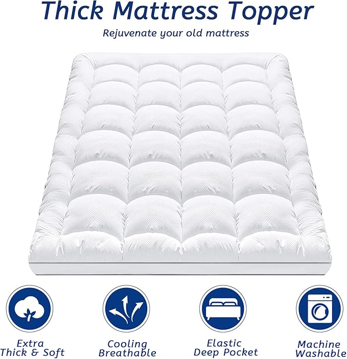 California King Mattress Topper for Back Pain, Cooling Extra Thick Mattress Pad Cover with 8-21 inch Deep Pocket, Plush Pillow Top Mattress Topper Overfilled with Down Alternative, Cal King, White