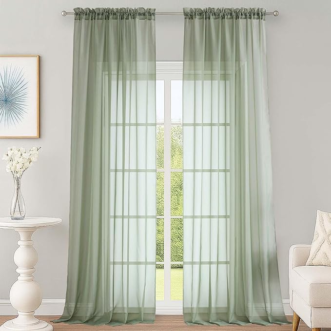 OWENIE Sage Green Sheer Curtains 108 Inches Long for Living Room Bedroom 2 Panels Set, Lightweight Airy Sage Green Sheer Curtain, Filmy Rod Pocket, 2 PCS, Each 59" W x 108" L