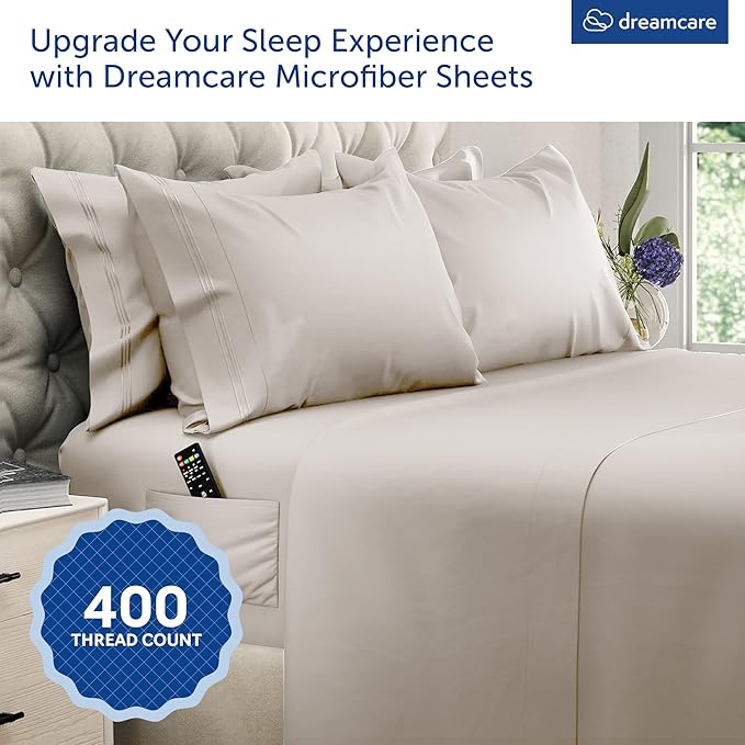 DREAMCARE King Size Sheets Set – 6 pcs Cooling Bed Sheets – up to 21” Deep Pocket King Sheet Set – 2500 Supreme Collection – Extra Soft 100% Brushed Microfiber Hotel Luxury with Side Pocket – Beige