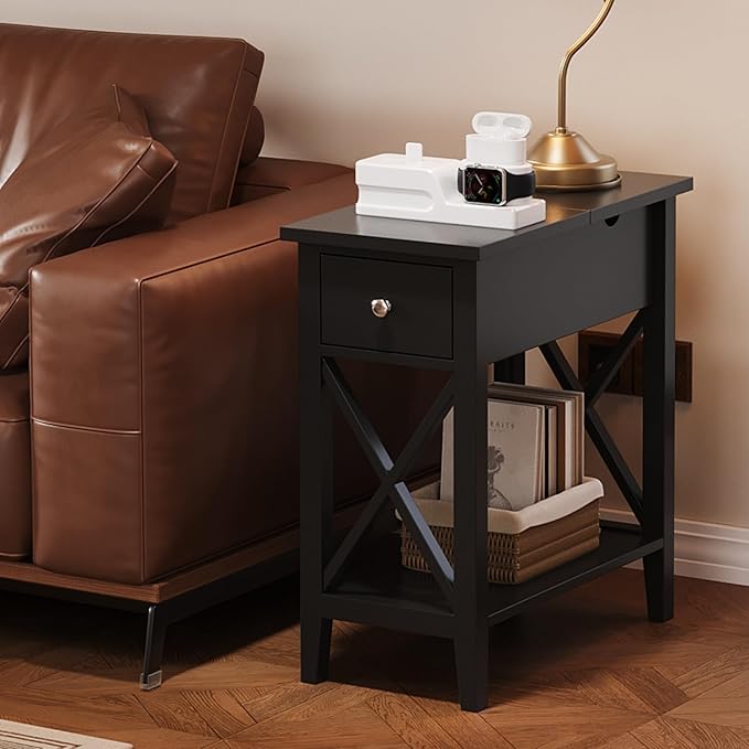 ChooChoo End Table Set of 2, Flip Top Narrow End Table with Drawer, Accent Small Side Table Nightstand for Living Room, Bedroom, and Small Spaces，Blcak