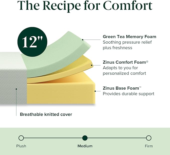 ZINUS 12 Inch King Green Tea Memory Foam Mattress [New Version], Fiberglass free, Medium Firm Feel, Zoned Pressure Relief, Certified Safe Foams & Fabric, Mattress in A Box