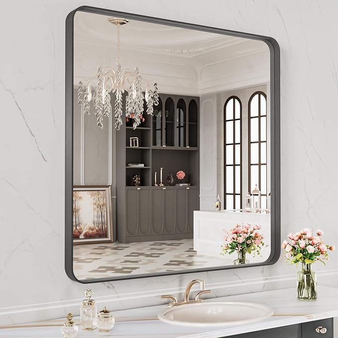 LOAAO 32X32 Inch Black Metal Framed Bathroom Mirror for Wall, Matte Black Bathroom Vanity Mirror Farmhouse, Anti-Rust, Hangs Horizontally or Vertically