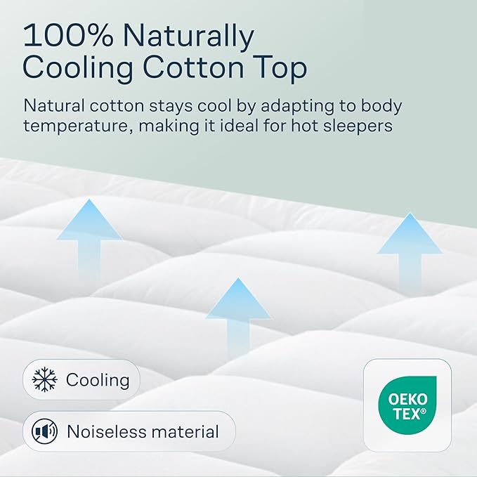 Cloud-Like Queen Mattress Topper - 100% Cotton Top Mattress Pad for Back Pain Relief - Breathable & Naturally Cooling for Hot Sleepers, White